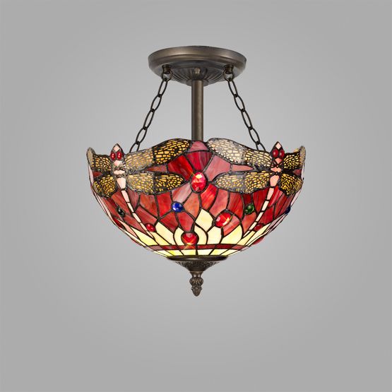 Haze 3 Light Semi Ceiling E27 With 30cm Tiffany Shade, Purple/Pink/Crystal/Aged Antique Brass