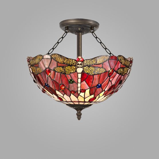 Haze 3 Light Semi Ceiling E27 With 40cm Tiffany Shade, Purple/Pink/Crystal/Aged Antique Brass