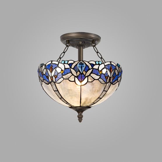 Orella 2 Light Semi Ceiling E27 With 30cm Tiffany Shade, Blue/Clear Crystal/Aged Antique Brass