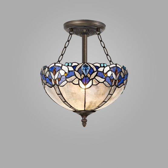 Orella 3-Light Tiffany Semi Flush Ceiling Antique Brass with Blue &amp; Clear Crystal 30cm Shade