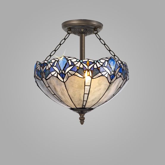 Orella 3 Light Semi Ceiling E27 With 40cm Tiffany Shade, Blue/Clear Crystal/Aged Antique Brass