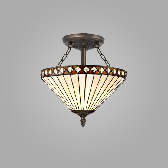 Teresa 2 Semi Ceiling Light With 30cm Tiffany Shade Amber/Cream/Crystal/Aged Antique Brass E27