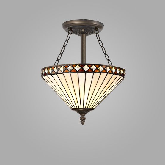 Teresa 3 Light Semi Ceiling E27 With 30cm Tiffany Shade, Amber/Cream/Crystal/Aged Antique Brass