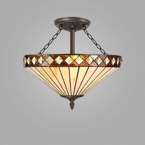 Teresa 3 Light Semi Ceiling E27 With 40cm Tiffany Shade, Amber/Cream/Crystal/Aged Antique Brass