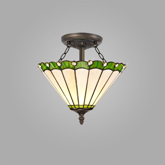 Una 2 Light Semi Ceiling E27 With 30cm Tiffany Shade, Green/Cream/Crystal/Aged Antique Brass