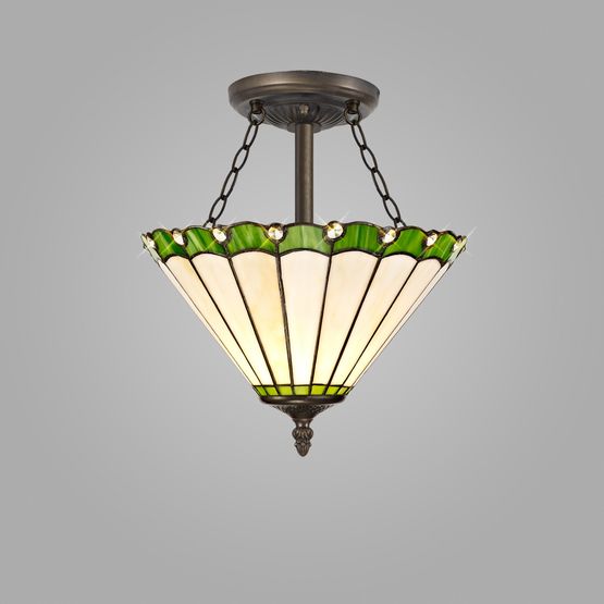 Una 3 Light Semi Ceiling E27 With 30cm Tiffany Shade, Green/Cream/Crystal/Aged Antique Brass