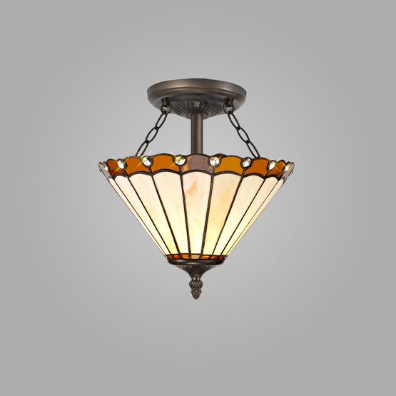 Una 2 Light Semi Ceiling E27 With 30cm Tiffany Shade, Amber/Cream/Crystal/Aged Antique Brass