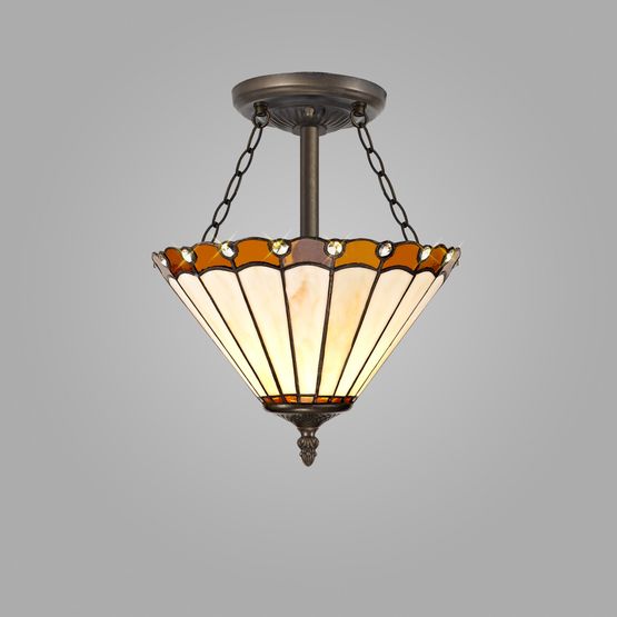 Una 3 Light Semi Ceiling E27 With 30cm Tiffany Shade, Amber/Cream/Crystal/Aged Antique Brass