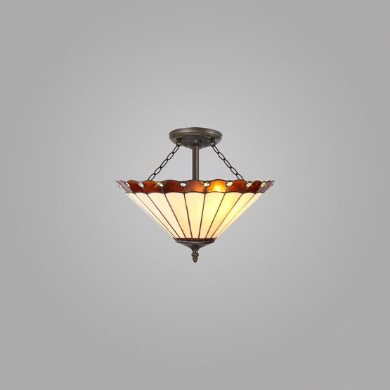 Una 3 Light Semi Ceiling E27 With 40cm Tiffany Shade, Amber/Cream/Crystal/Aged Antique Brass