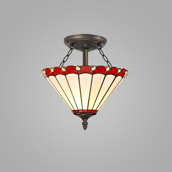 Una 2 Light Semi Ceiling E27 With 30cm Tiffany Shade, Red/Cream/Crystal/Aged Antique Brass