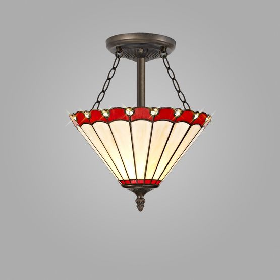Una 3 Light Semi Ceiling E27 With 30cm Tiffany Shade, Red/Cream/Crystal/Aged Antique Brass