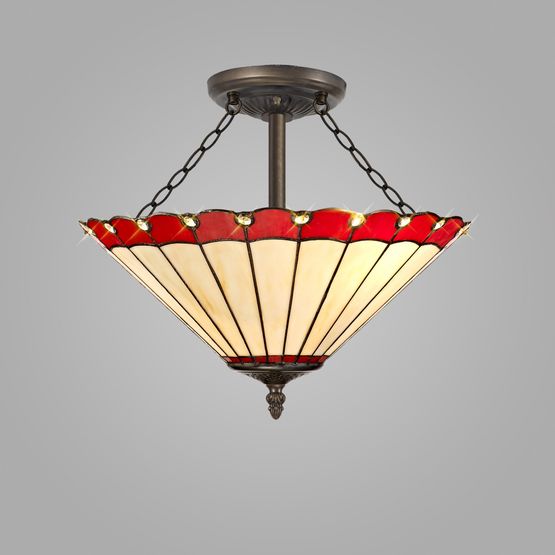 Una 3 Light Semi Ceiling E27 With 40cm Tiffany Shade, Red/Cream/Crystal/Aged Antique Brass