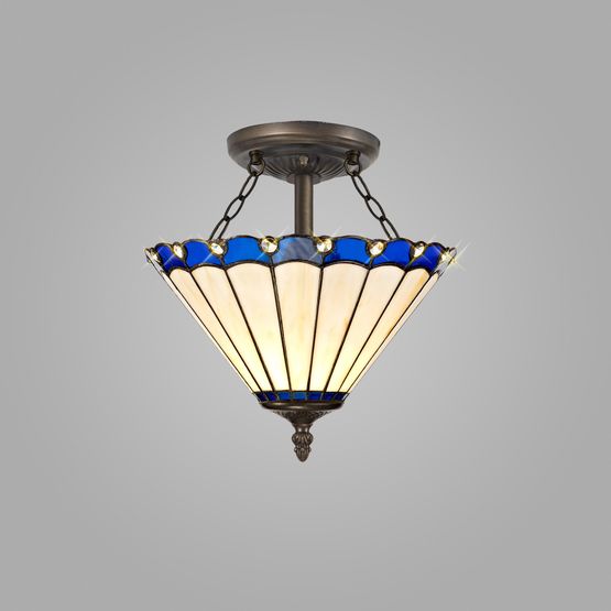 Una 2 Light Semi Ceiling E27 With 30cm Tiffany Shade, Blue/Cream/Crystal/Aged Antique Brass