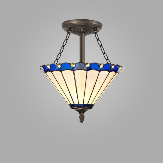 Una 3 Light Semi Ceiling E27 With 30cm Tiffany Shade, Blue/Cream/Crystal/Aged Antique Brass