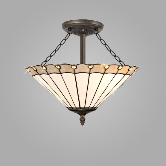 Una 3 Light Semi Ceiling E27 With 40cm Tiffany Shade, Grey/Cream/Crystal/Aged Antique Brass
