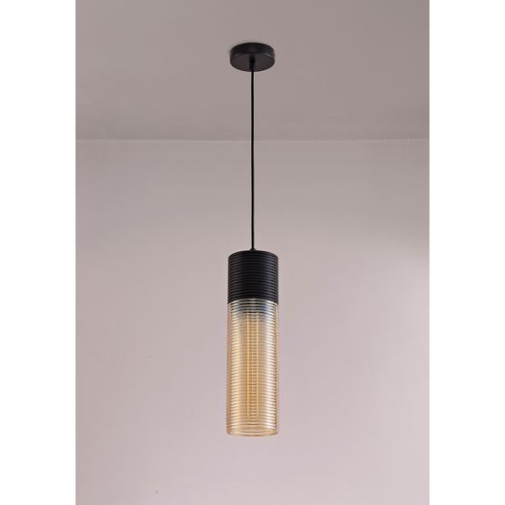 Holly Single Tube Pendant 1 Light E27, Black/Amber Glass