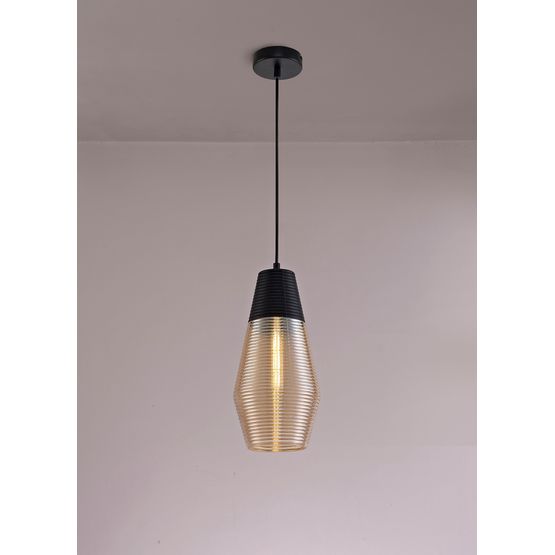 Holly Single Cone 1 Light Pendant For E27 Bulb in Black/Amber Glass