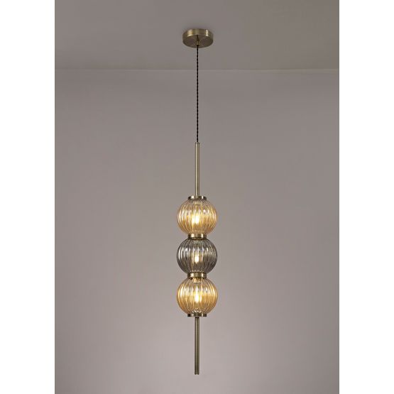Felicity Pendant, 3 x G9, Antique Brass/Smoked &amp; Amber Glass