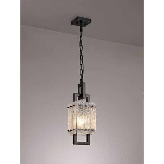 Selena Small Square Pendant, 1 Light E27, Matt Black/Crystal Sand Glass