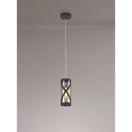 Naomi 1 Light Pendant E14, Matt Grey/Polished Chrome/Cognac