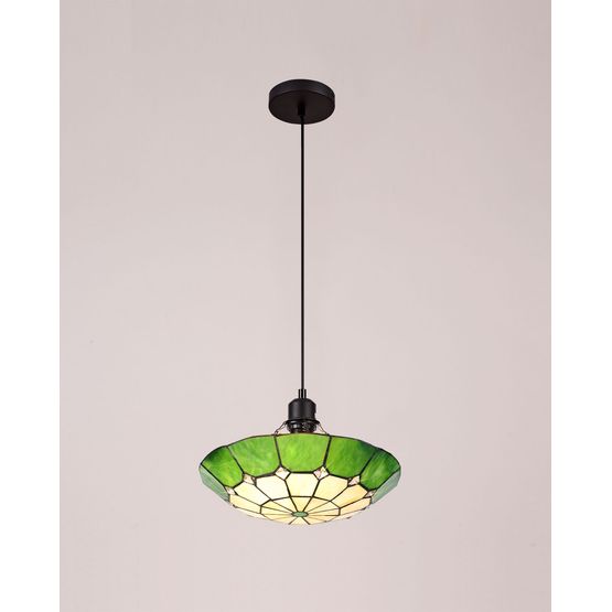 Alysia 1 Light Pendant E27 With 35cm Tiffany Shade, Cream/Green/Clear Crystal Centre/Aged Antique Brass Trim/Black