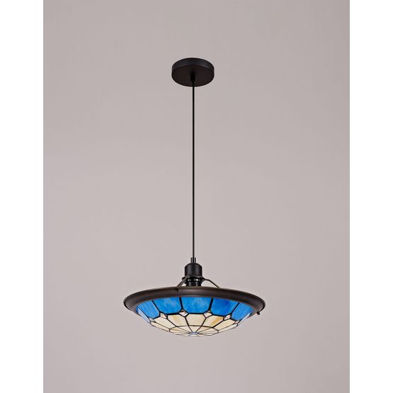 Alysia 1 Light Pendant E27 With 35cm Tiffany Shade, Cream/Rich Blue/Clear Crystal Centre/Aged Antique Brass Trim/Black