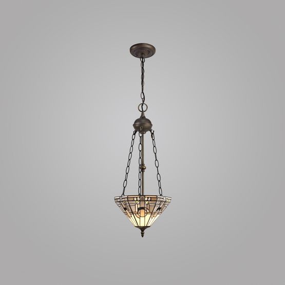 Areta 2 Light Uplighter Pendant E27 With 30cm Tiffany Shade, White/Grey/Black/Clear Crystal/Aged Antique Brass