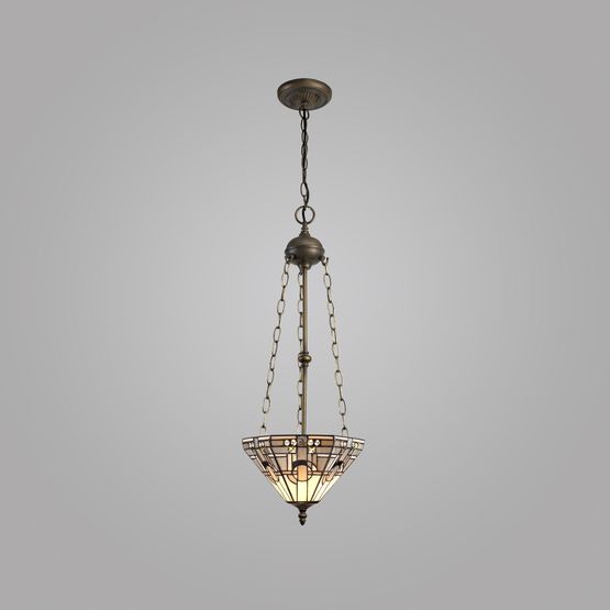 Areta 3 Light Uplighter Pendant E27 With 30cm Tiffany Shade, White/Grey/Black/Clear Crystal/Aged Antique Brass