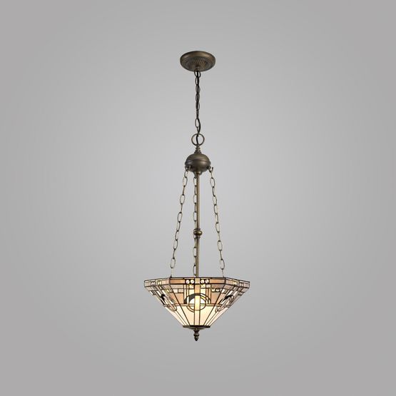 Areta 3 Light Uplighter Pendant E27 With 40cm Tiffany Shade, White/Grey/Black/Clear Crystal/Aged Antique Brass