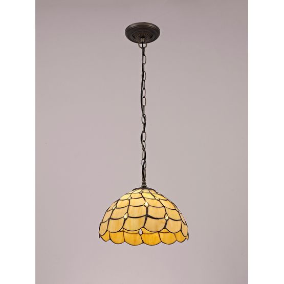 Camillie 1 Light Downlighter Pendant E27 With 30cm Tiffany Shade, Beige/Clear Crystal/Aged Antique Brass