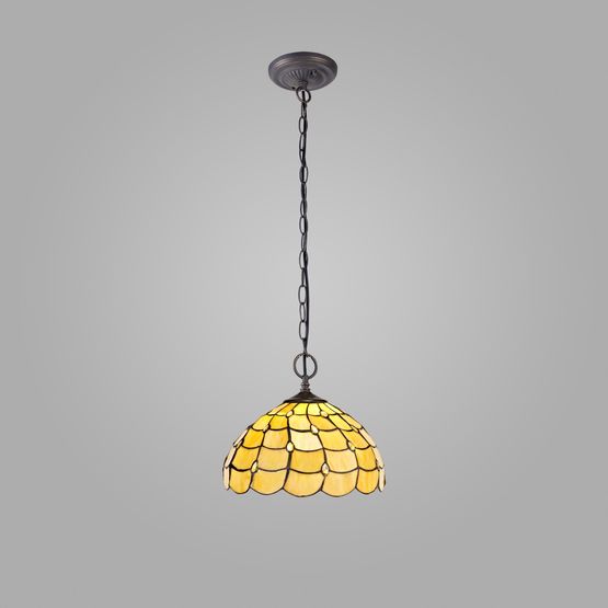 Camillie 2 Light Downlighter Pendant E27 With 30cm Tiffany Shade, Beige/Clear Crystal/Aged Antique Brass