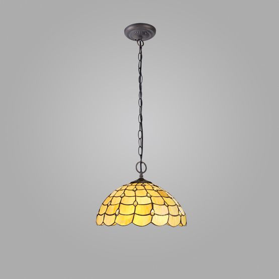 Camillie 2-Light Downlighter Pendan with E27 Socket &amp; 40cm Tiffany Shade in Beige/Clear Crystal/Aged Antique Brass