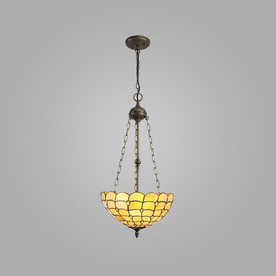 Camillie 3 Light Uplighter Pendant E27 With 40cm Tiffany Shade, Beige/Clear Crystal/Aged Antique Brass