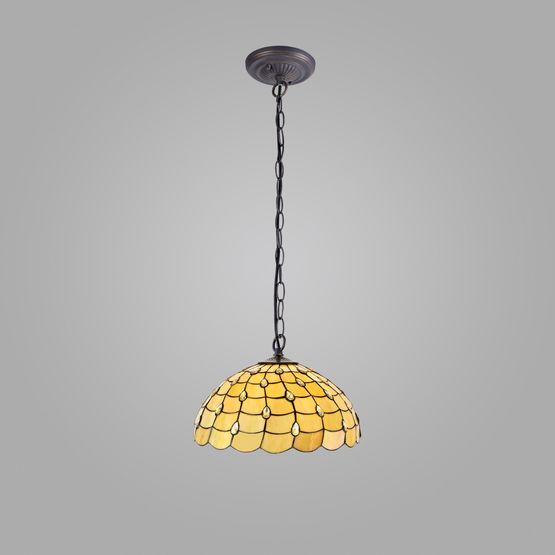 Camillie 1 Light Downlighter Pendant E27 With 50cm Tiffany Shade, Beige/Clear Crystal/Aged Antique Brass