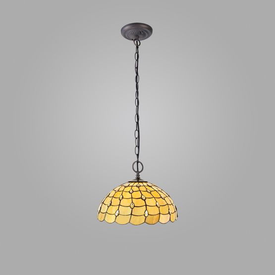 Camillie 2 Light Downlighter Pendant E27 With 50cm Tiffany Shade, Beige/Clear Crystal/Aged Antique Brass