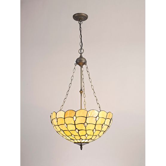 Camillie 3 Light Uplighter Pendant E27 With 50cm Tiffany Shade, Beige/Clear Crystal/Aged Antique Brass