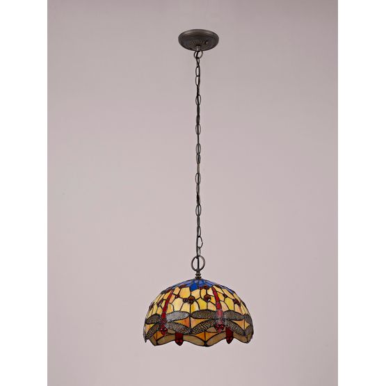 Haze 1 Light Downlighter Pendant E27 With 30cm Tiffany Shade, Blue/Orange/Crystal/Aged Antique Brass