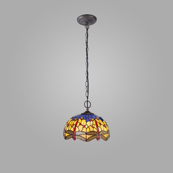 Haze 2 Light Downlighter Pendant E27 With 30cm Tiffany Shade, Blue/Orange/Crystal/Aged Antique Brass
