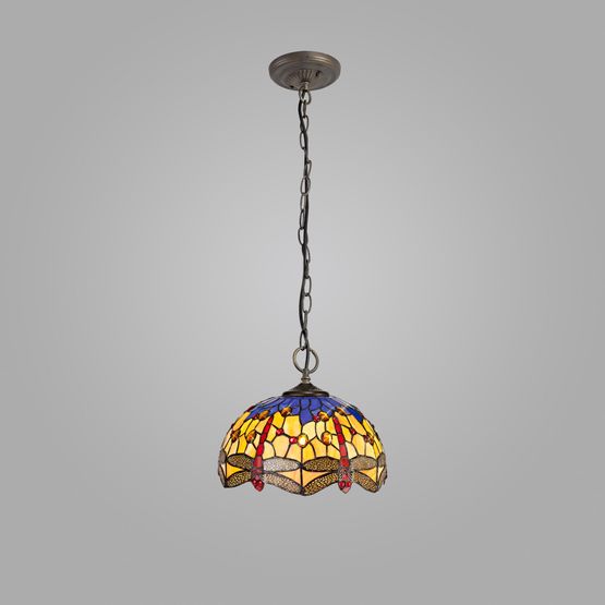 Haze 3 Light Downlighter Pendant E27 With 30cm Tiffany Shade, Blue/Orange/Crystal/Aged Antique Brass