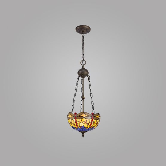 Haze 2 Light Uplighter Pendant E27 With 30cm Tiffany Shade (Blue/Orange/Crystal/Aged Antique Brass)
