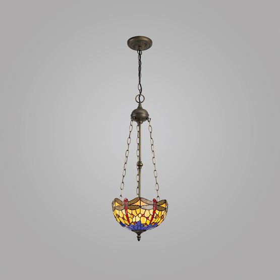 Haze 3 Light Uplighter Pendant E27 With 30cm Tiffany Shade, Blue/Orange/Crystal/Aged Antique Brass