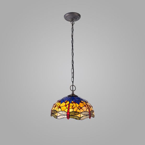 Haze 2 Light Downlighter Pendant E27 With 40cm Tiffany Shade, Blue/Orange/Crystal/Aged Antique Brass