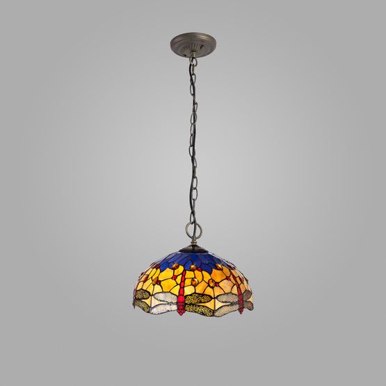 Haze 3 Light Downlighter Pendant E27 With 40cm Tiffany Shade, Blue/Orange/Crystal/Aged Antique Brass