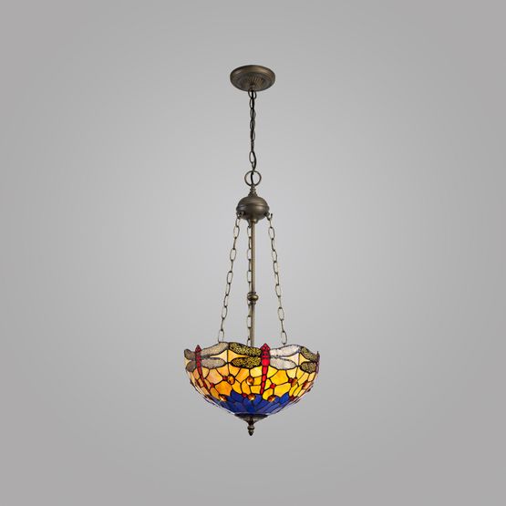 Haze 3 Light Uplighter Pendant E27 With 40cm Tiffany Shade, Blue/Orange/Crystal/Aged Antique Brass