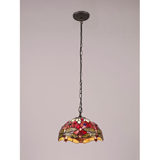 Haze 1 Light Downlighter Pendant E27 With 30cm Tiffany Shade, Purple/Pink/Crystal/Aged Antique Brass