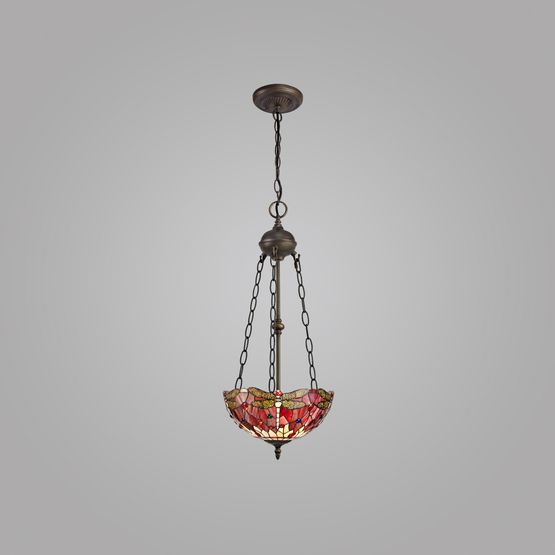 Haze 2 Light Uplighter Pendant E27 With 30cm Tiffany Shade, Purple/Pink/Crystal/Aged Antique Brass