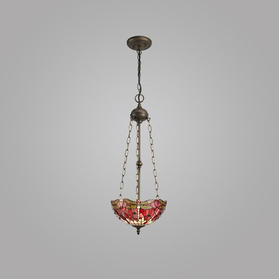 Haze 3 Light Uplighter Pendant E27 With 30cm Tiffany Shade, Purple/Pink/Crystal/Aged Antique Brass