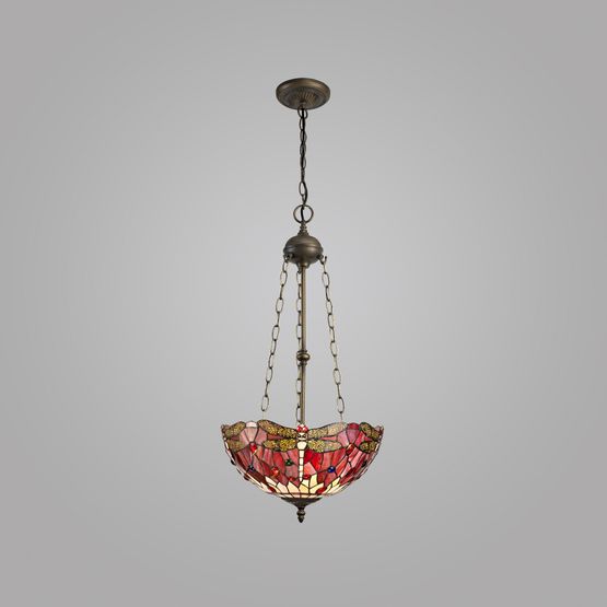 Haze 3 Light Uplighter Pendant E27 With 40cm Tiffany Shade, Purple/Pink/Crystal/Aged Antique Brass
