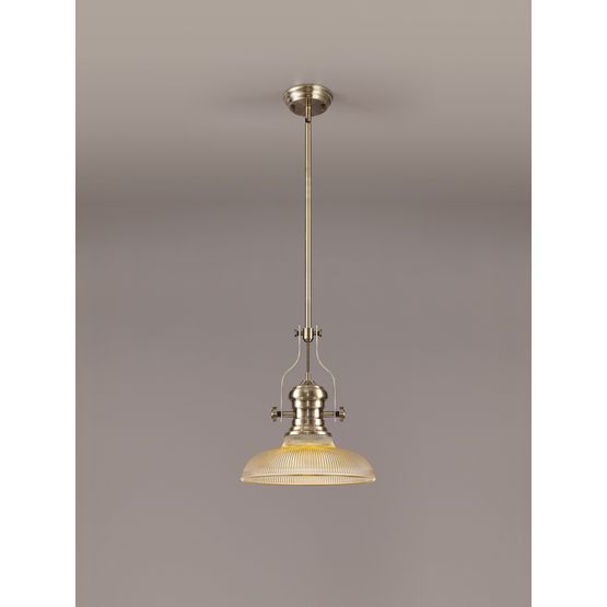 Lucinda 1 Light Pendant E27 With 30cm Round Glass Shade, Antique Brass/Amber