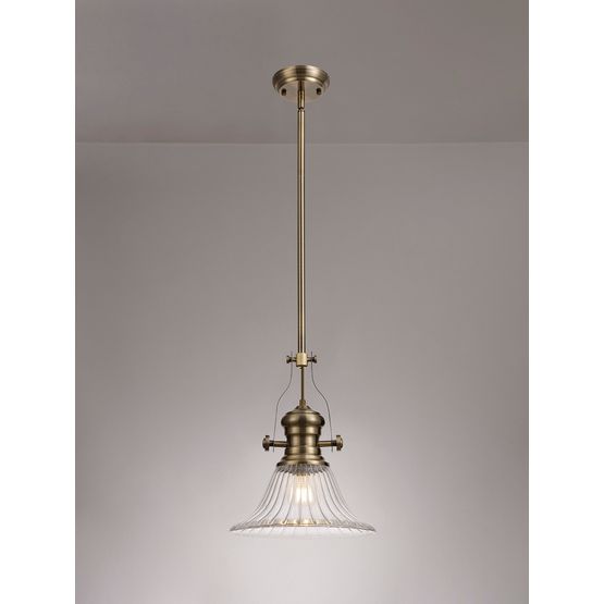 Lucinda 1 Light Pendant E27 With 30cm Bell Glass Shade, Antique Brass/Clear
